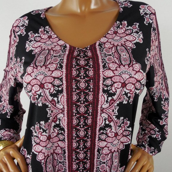 DRESSBARN Top L Tunic Blouse Red/Black Print Stretch V-Neck 3/4 Asymmetric Slvs - Picture 4 of 11